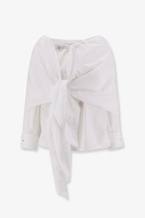 Max Mara women’s mxmcurvone white cotton shirt with long sleeves flowing tied front and sheer fabric accents
