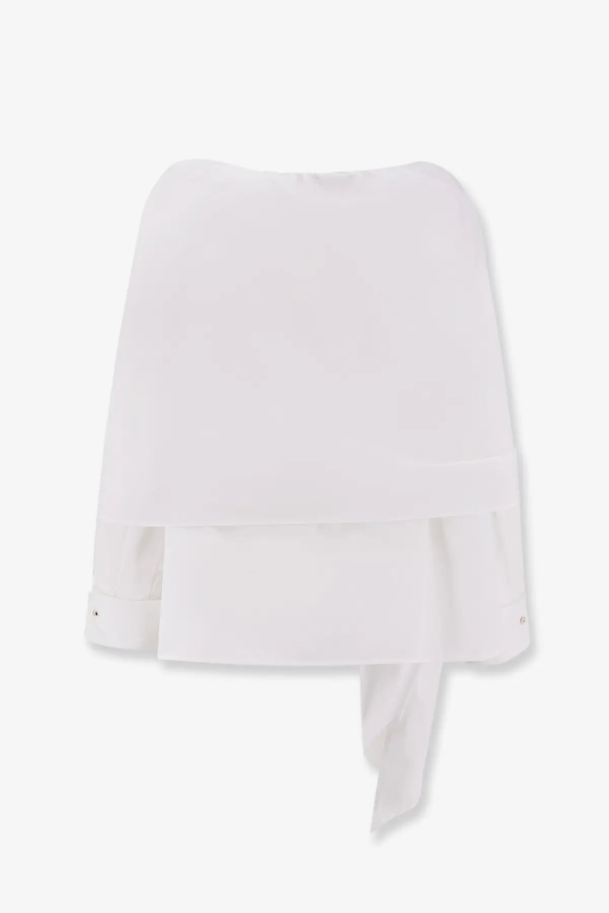 Max Mara women’s Mxmcurvone white cotton shirt with sheer chiffon top layered ruffle detailing and draped asymmetrical hem