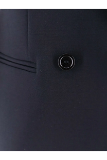 Black button with a glossy finish on max mara women’s mxmdorico stretch virgin wool blue blazer against dark fabric