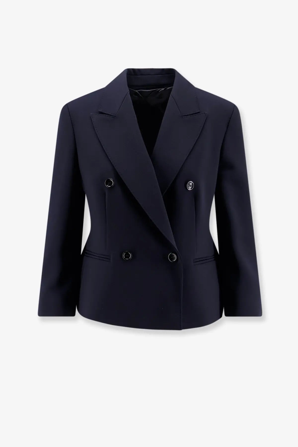 Navy blue max mara women’s mxmdorico double-breasted blazer with silver buttons made of stretch virgin wool