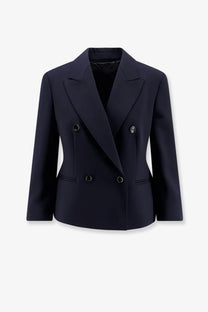 Navy blue max mara women’s mxmdorico double-breasted blazer with silver buttons made of stretch virgin wool