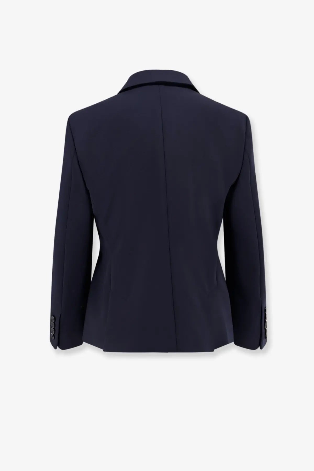 Navy blue tailored Max Mara women’s mxmdorico stretch virgin wool blazer with notched lapel and buttoned cuffs