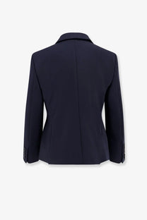 Navy blue tailored Max Mara women’s mxmdorico stretch virgin wool blazer with notched lapel and buttoned cuffs
