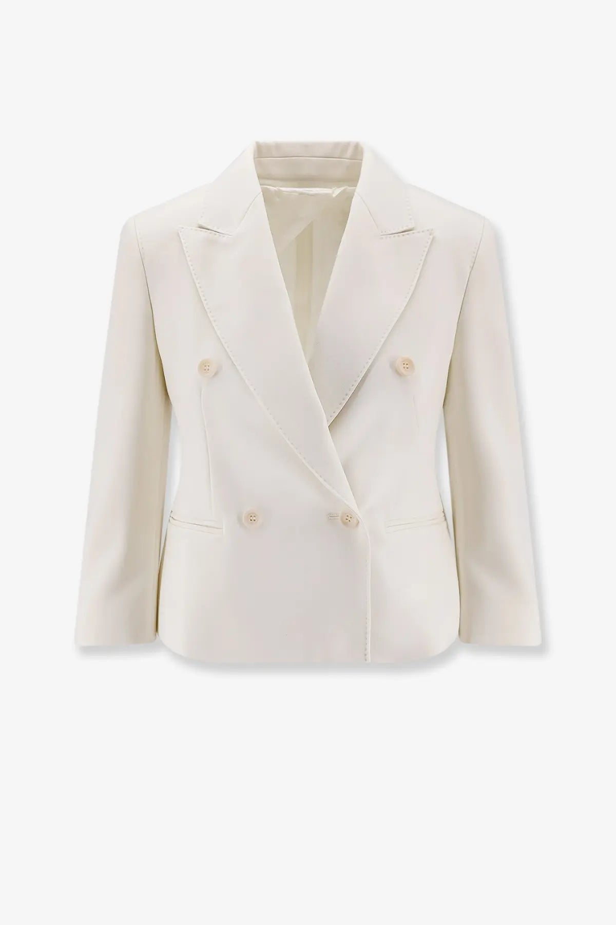 Cream-colored Max Mara women’s double-breasted blazer with subtle texture matching buttons made from stretch virgin wool