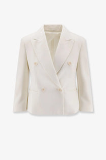 Cream-colored double-breasted Max Mara women’s blazer with subtle texture matching buttons in stretch virgin wool