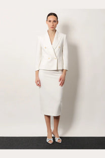 A sleek white double-breasted Max Mara women’s blazer with gold buttons made from stretch virgin wool