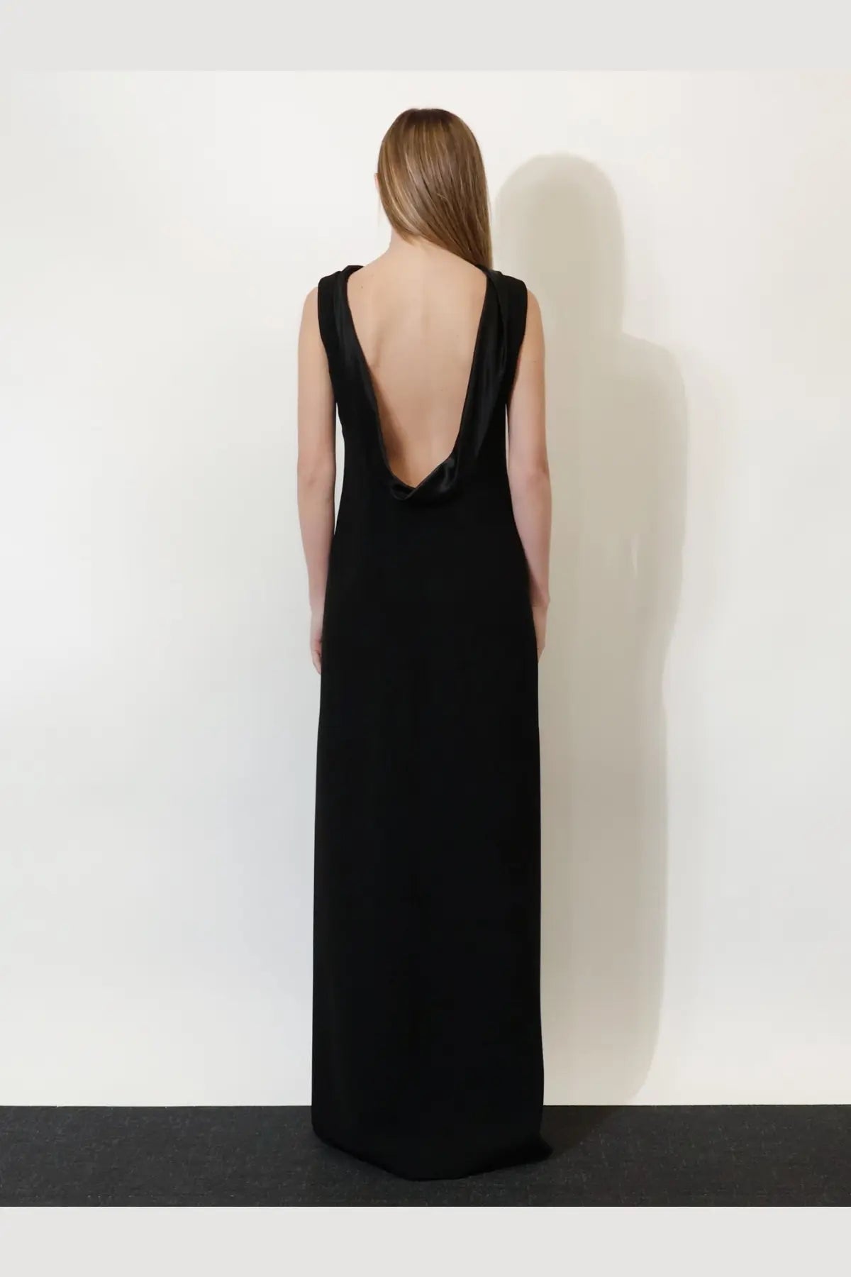 Max Mara women’s mxmeaere long black sleeveless gown with deep back cutout and draped fabric detail back view