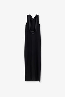 Max Mara women’s mxmeaere long black sleeveless maxi dress with draped v-neckline and smooth flowing fabric