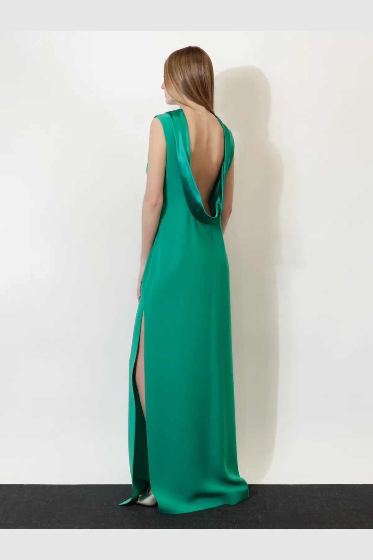 Max Mara women’s Mxmeaere long dress green emerald satin gown with deep back cutout and high slit shown from back