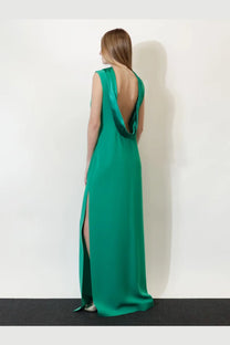 Max Mara women’s Mxmeaere long dress green emerald satin gown with deep back cutout and high slit shown from back