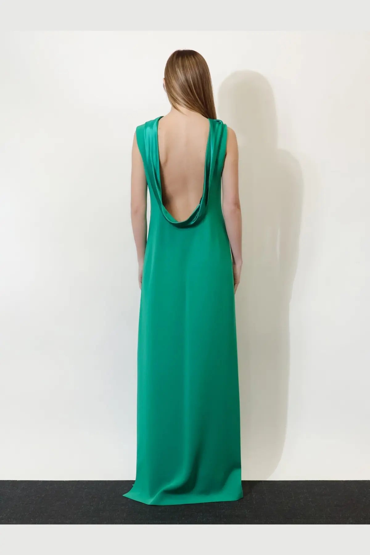 Max Mara women’s Mxmeaere long dress green satin gown with deep back cutout and draped shoulder straps shown from back
