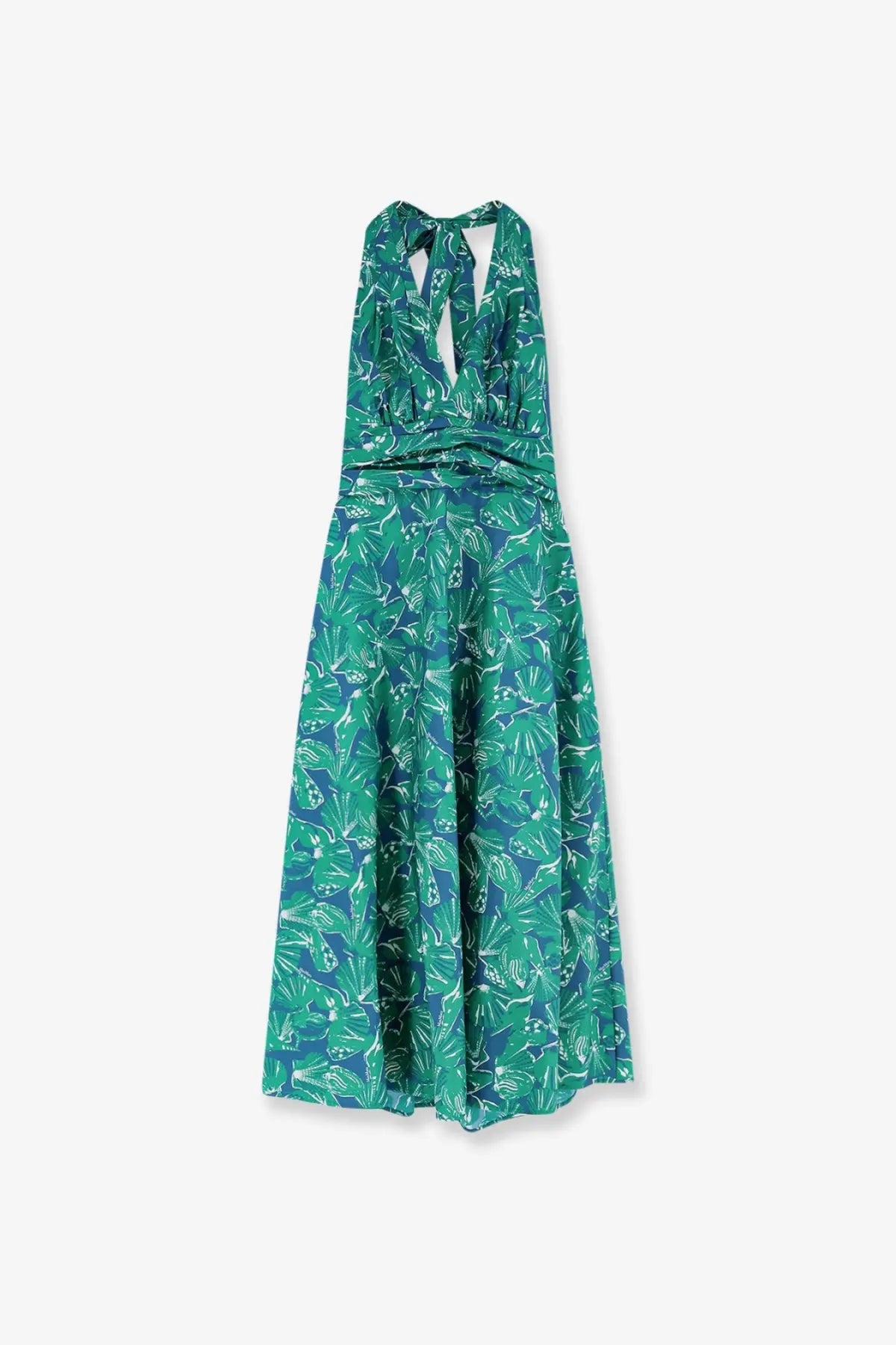 Max mara women’s mxmebella printed cotton maxi dress in emerald green and teal with leaf pattern and ruched waist