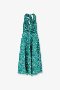 Max mara women’s mxmebella printed cotton maxi dress in emerald green and teal with leaf pattern and ruched waist