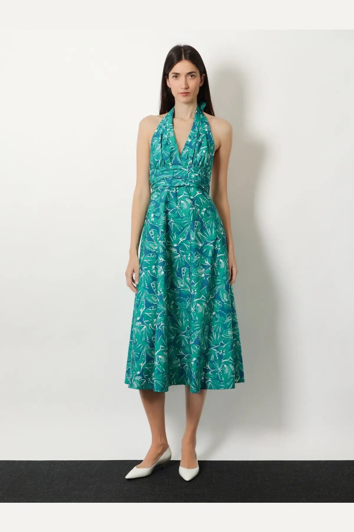 Max Mara women’s Mxmebella printed cotton dress green with teal and white leaf halter neck and fitted waistband midi length