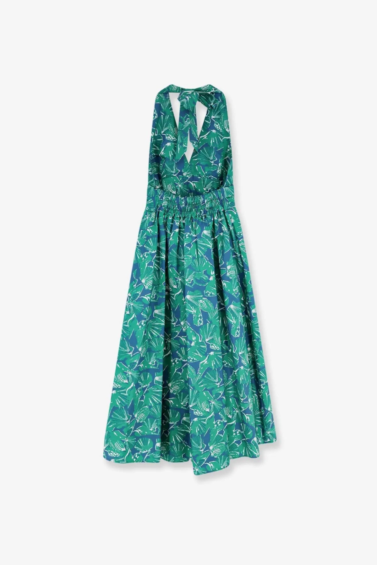 Max Mara women’s Mxmebella printed cotton dress green with vibrant green tropical leaf halter design and flowing skirt