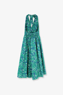 Max Mara women’s Mxmebella printed cotton dress green with vibrant green tropical leaf halter design and flowing skirt
