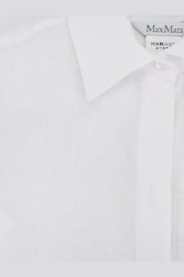 Max Mara women’s white cotton button-down shirt with classic collar and subtle texture featuring brand label