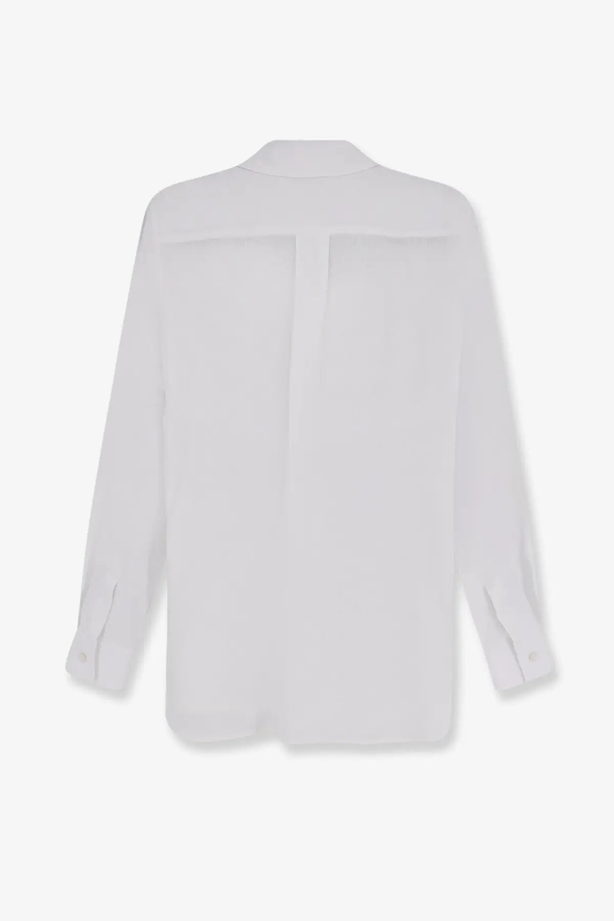 Max Mara women’s mxmfalasco white linen shirt back side with long sleeves classic collar and subtle pleats