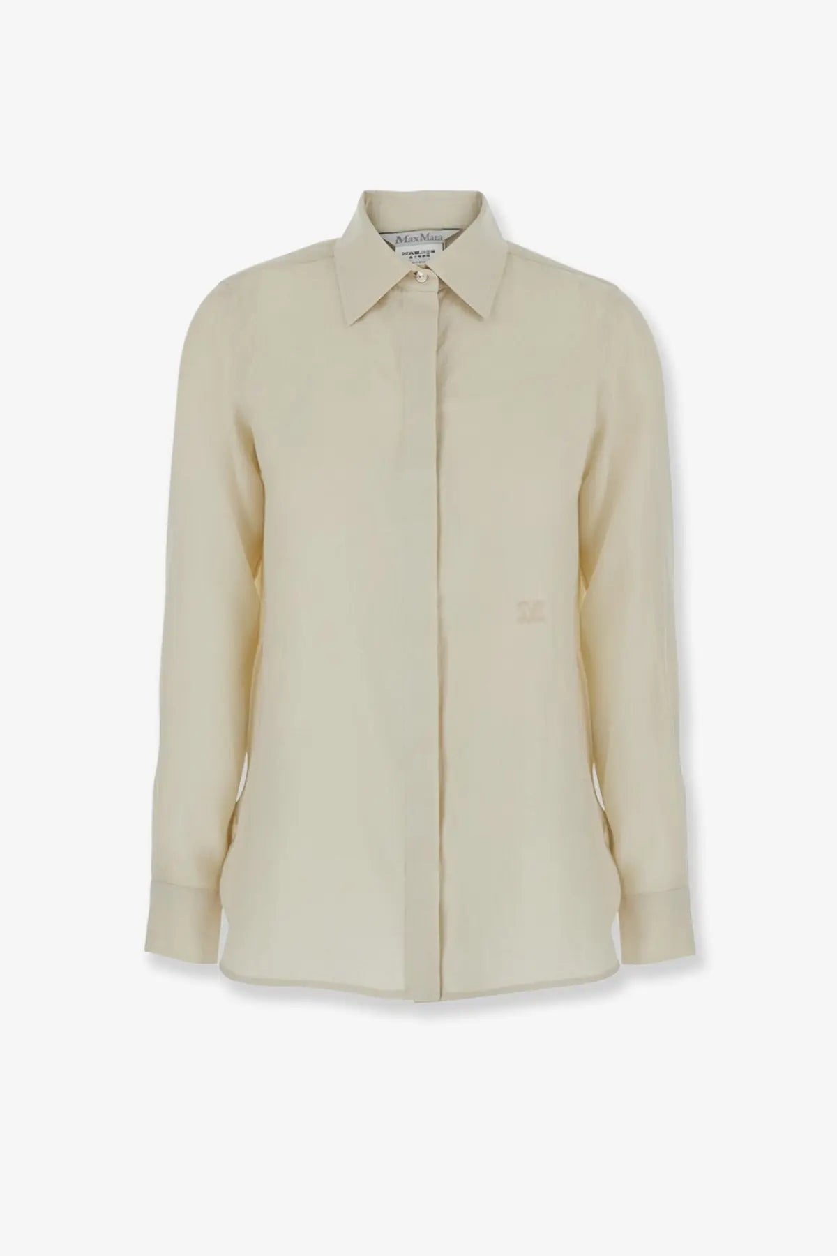 Max Mara women’s mxmfalasco vissuto cream beige linen long-sleeved button-up shirt with classic collar and front pocket