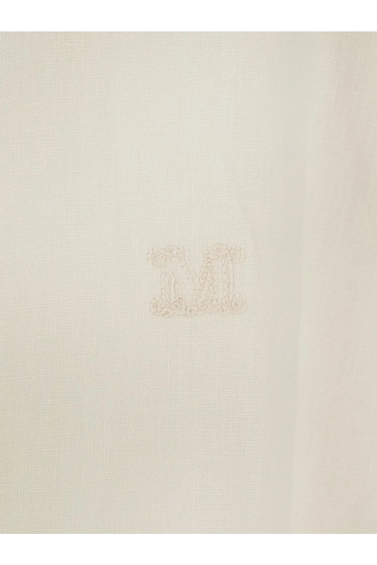 Max mara women’s mxmfalasco vissuto beige linen shirt featuring a subtle cream embroidered m logo on textured fabric