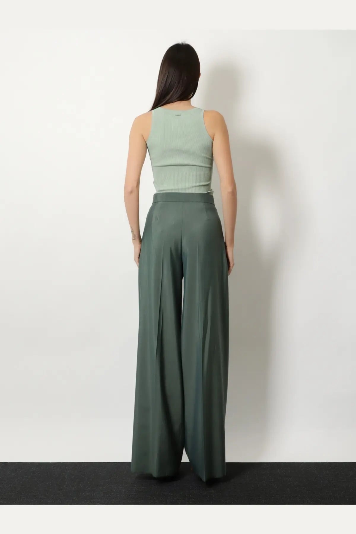 Max mara women’s mxmgiallo high-waisted wide-leg trousers in dark olive green virgin wool and silk with subtle pleats
