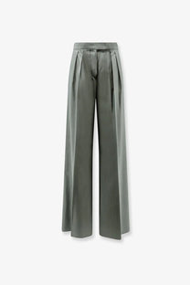Max Mara women’s mxmgiallo olive green high-waisted wide-leg trousers in matte virgin wool and silk satin fabric