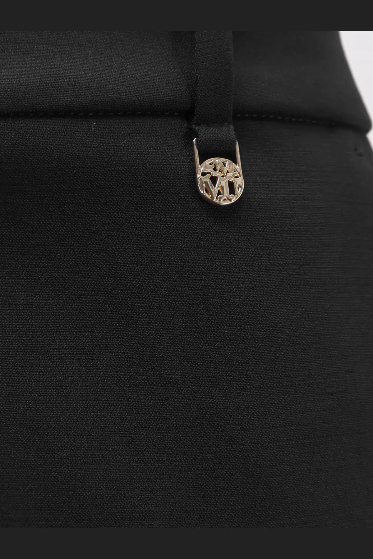 Black max mara women’s virgin wool trousers with a black fabric bag featuring a gold-tone metal clasp embossed logo