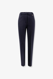 Max Mara women’s mxmgiglio navy blue tailored virgin wool trousers with sleek straight-leg cut and subtle pleats at waistband