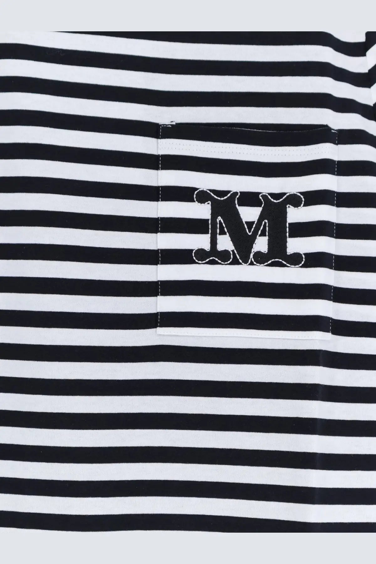 Max Mara women’s Mxmoboli black and white striped cotton t-shirt with stitched pocket and embroidered m logo