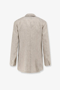Max Mara women’s mxmolimpia beige linen blazer with subtle textured weave and classic notched collar