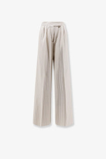 Max Mara women’s Mxmosso high waist beige cotton pinstripe wide-leg trousers with pleated front