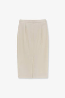 Max Mara women’s mxmotre beige pleated midi skirt with sleek tailored fit stretch virgin wool and front zipper detail