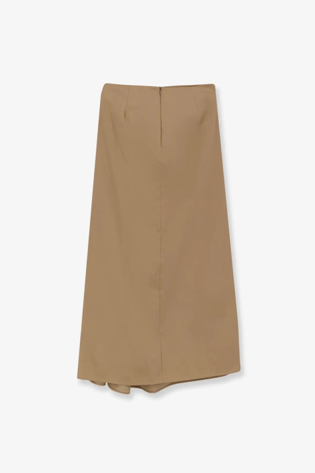 Max Mara women’s beige cotton blend midi skirt with a straight cut and subtle pleats shown from the back