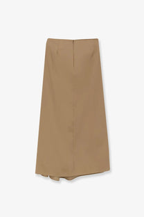 Max Mara women’s beige cotton blend midi skirt with a straight cut and subtle pleats shown from the back