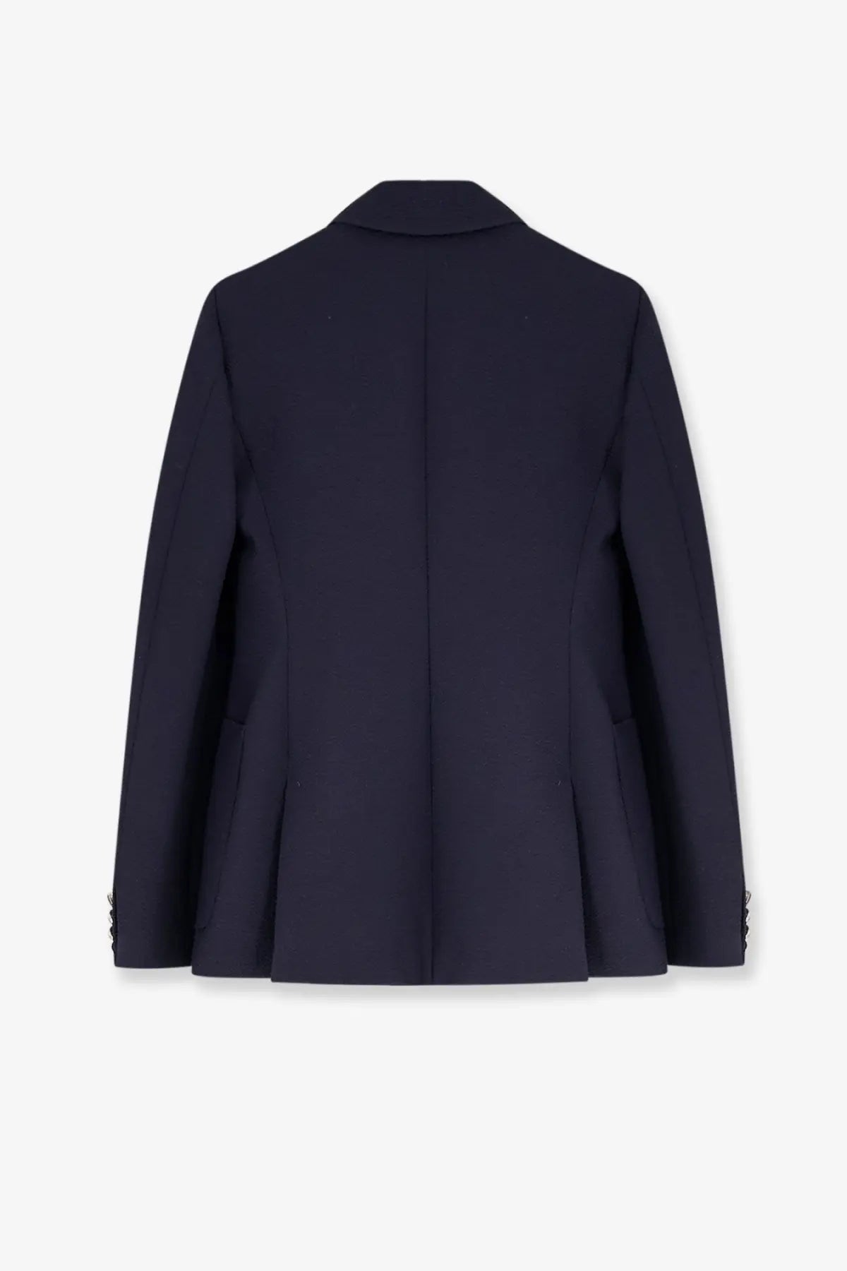 Max mara women’s mxmricetta navy blue virgin wool blazer back view with structured pleats and buttoned cuffs