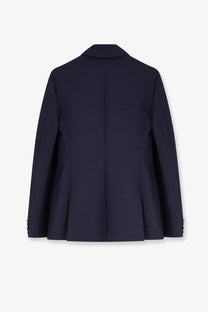 Max mara women’s mxmricetta navy blue virgin wool blazer back view with structured pleats and buttoned cuffs