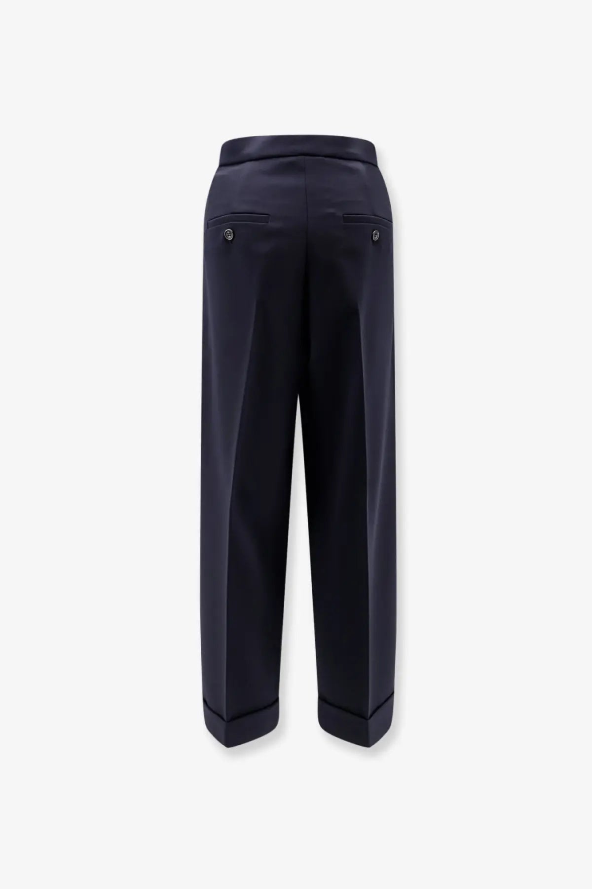 Dark navy wide-leg max mara virgin wool trousers with tailored fit and subtle back pleats shown from the back side