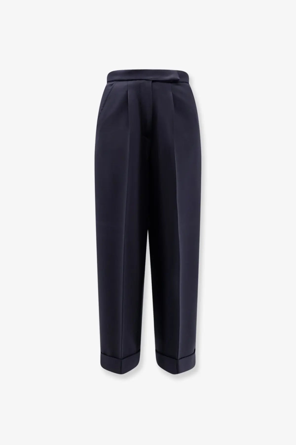 Navy blue high-waisted max mara womens wool trousers with pleated design and rolled cuffs