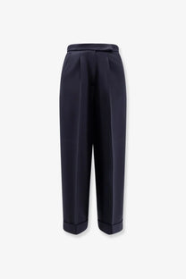 Navy blue high-waisted max mara womens wool trousers with pleated design and rolled cuffs