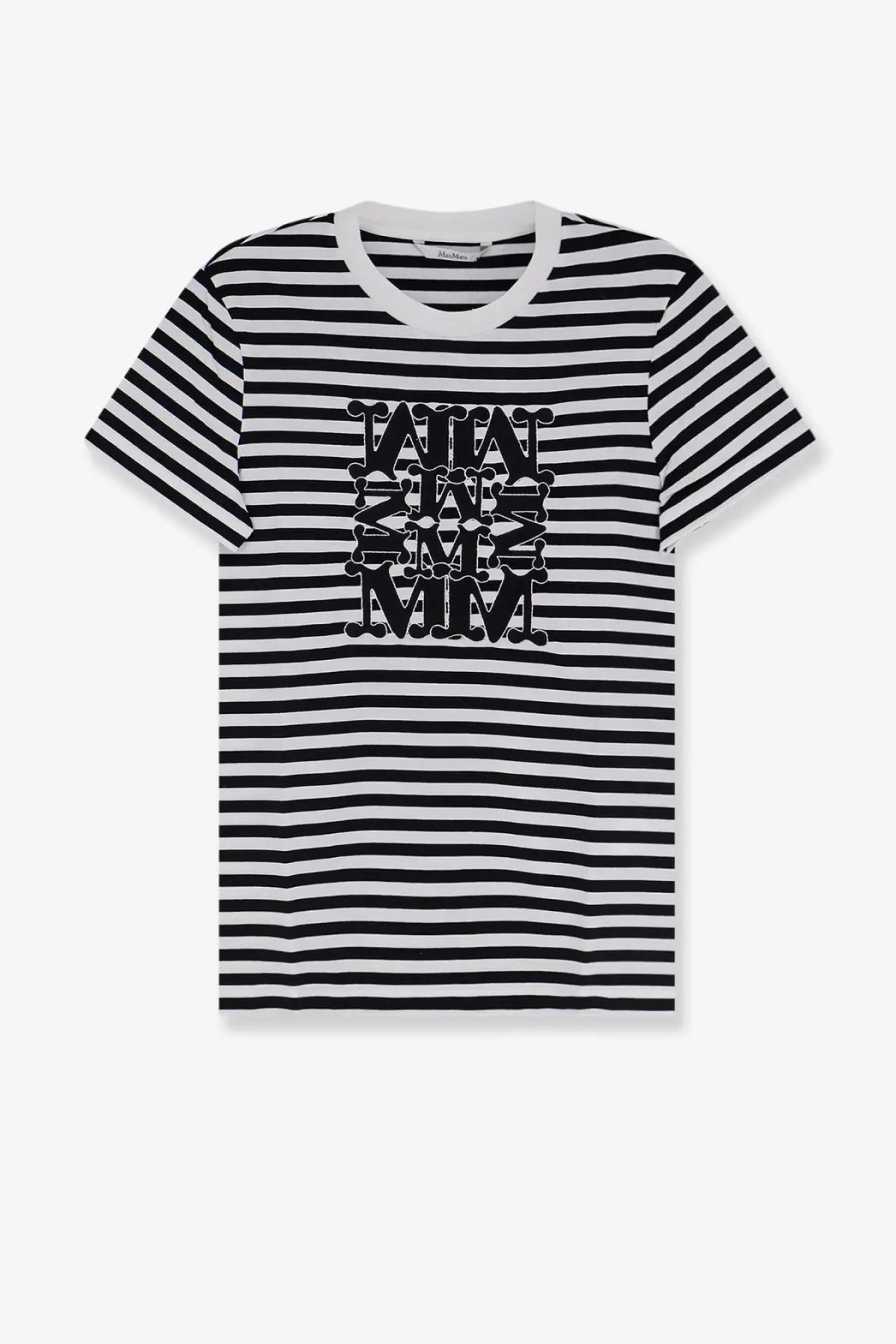 Max Mara women’s Mxmruta black cotton shirt with black and white stripes and a bold stacked mim graphic on the chest