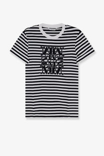 Max Mara women’s Mxmruta black cotton shirt with black and white stripes and a bold stacked mim graphic on the chest