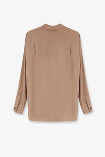 Beige max mara women’s mxmsiamese silk shirt showing back with soft flowing fabric and subtle pleats