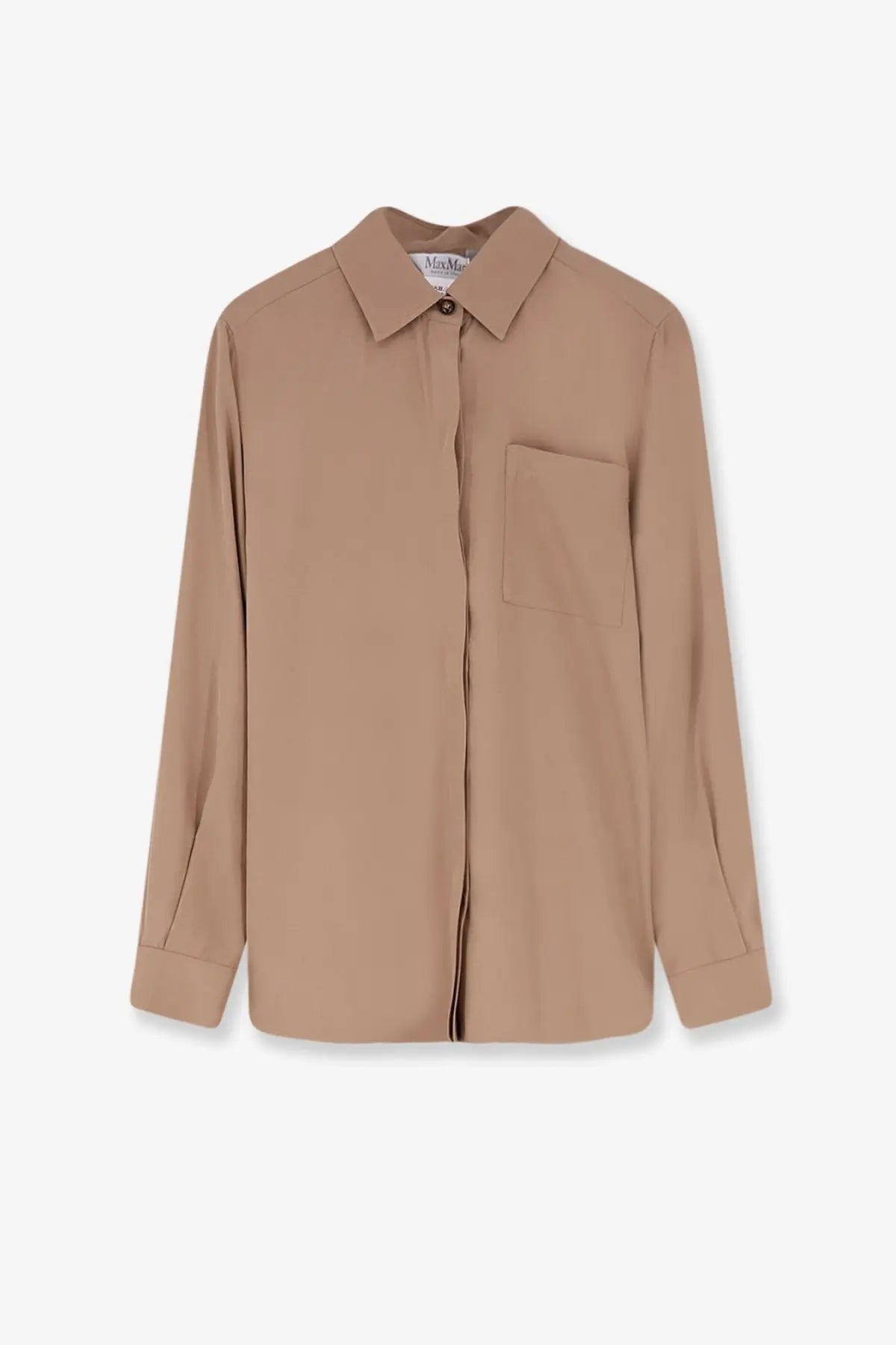 Max Mara women’s Mxmsiamese silk shirt beige minimalist long-sleeved button-up with classic collar and chest pocket