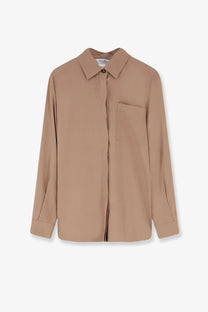 Max Mara women’s Mxmsiamese silk shirt beige minimalist long-sleeved button-up with classic collar and chest pocket