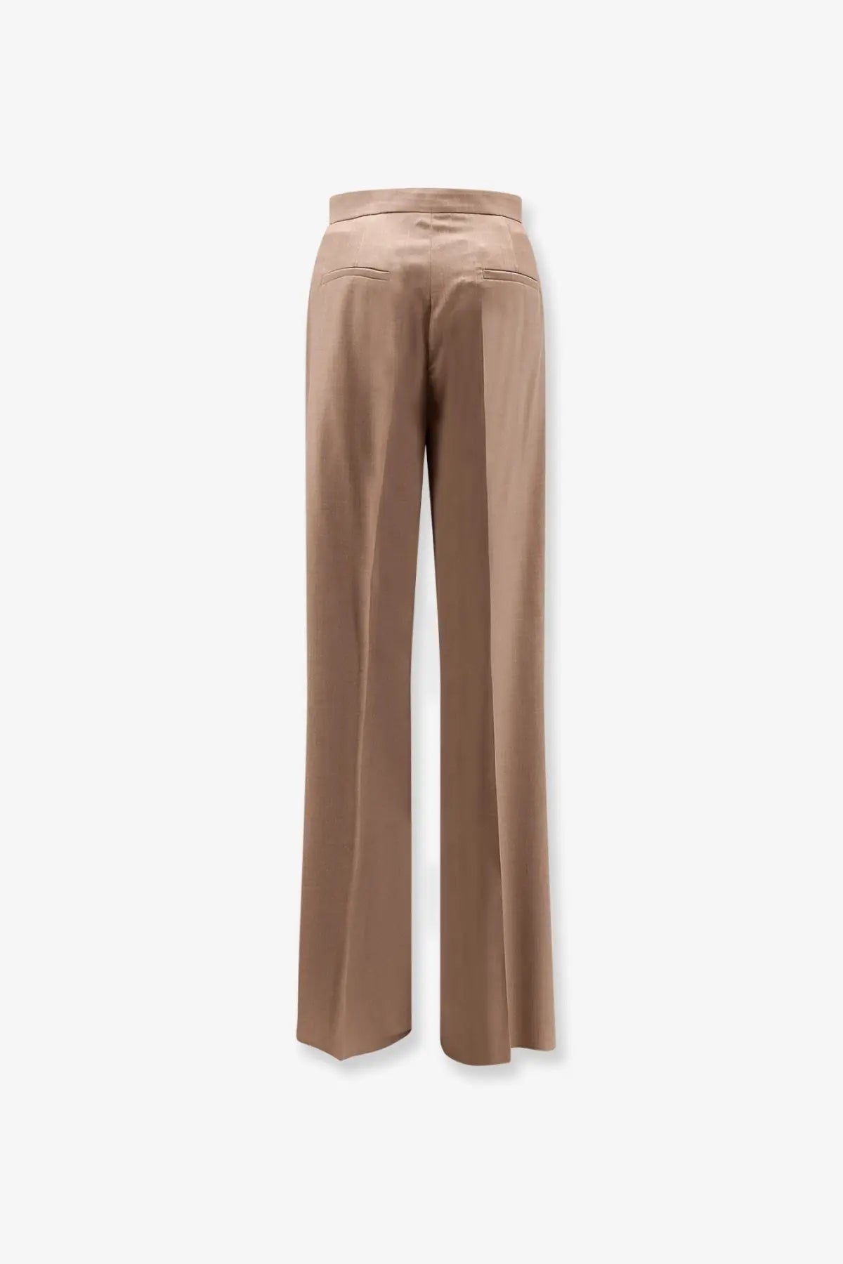 Beige virgin wool wide-leg trousers with a sleek high waist and subtle back pockets by max mara shown from the back