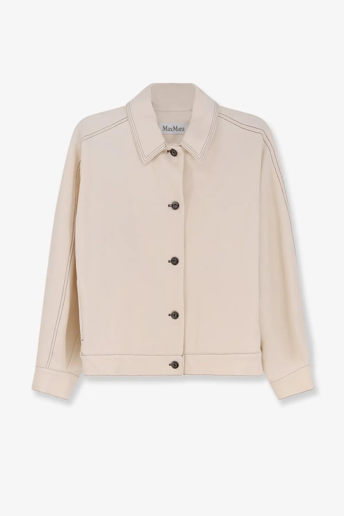 Beige max mara women’s mxpnettare jersey jacket with button-up front subtle contrast stitching and dark metal buttons