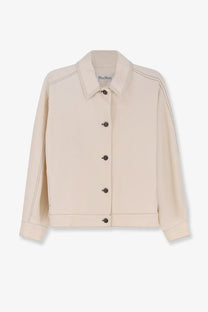 Beige max mara women’s mxpnettare jersey jacket with button-up front subtle contrast stitching and dark metal buttons