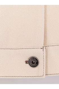 A circular dark metal button with engraved text on a cream fabric cuff of max mara womens mxpnettare jersey jacket white