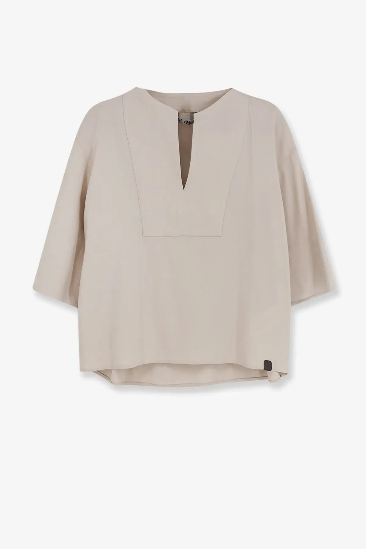 Beige max mara women’s mxpsospiro linen and viscose blouse with a subtle v-neckline and flowing three-quarter sleeves