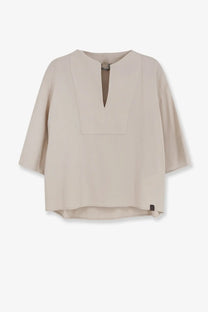 Beige max mara women’s mxpsospiro linen and viscose blouse with a subtle v-neckline and flowing three-quarter sleeves